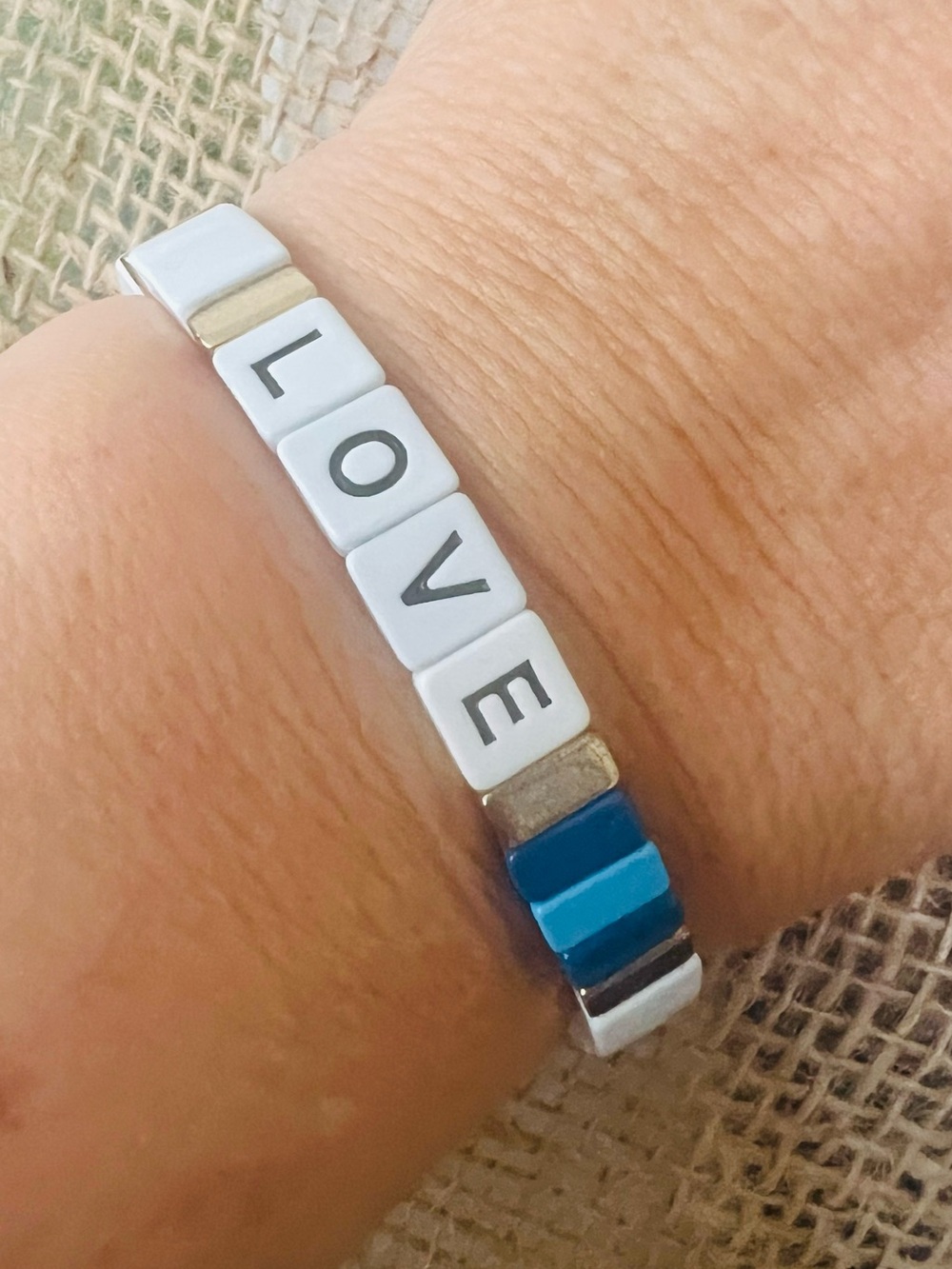 LOVE Tile Letter Bead Stretch Bracelet with Blue Accent